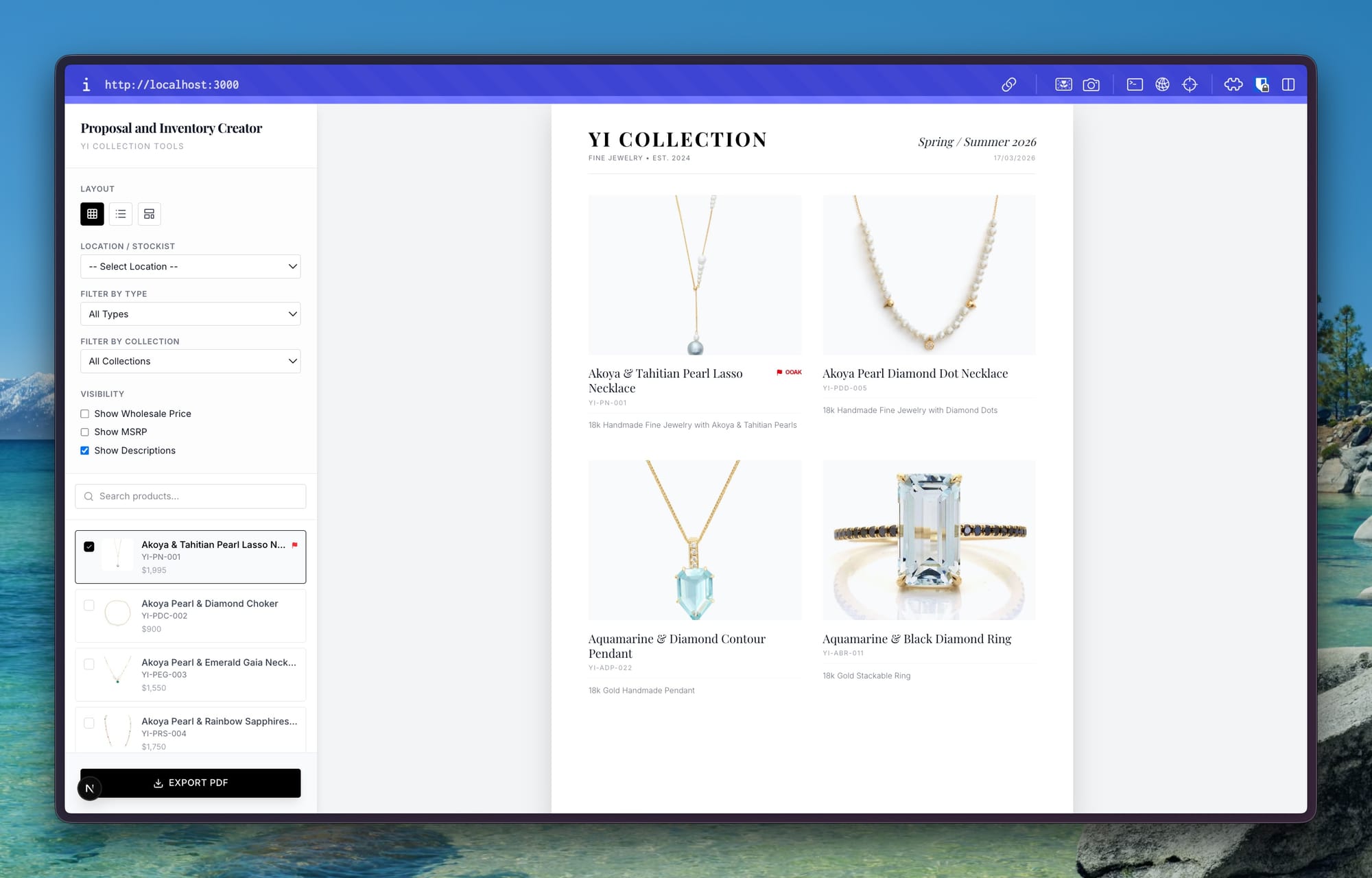 The proposal app built for Yi Collection - products pulled directly from Shopify, ready to select and send